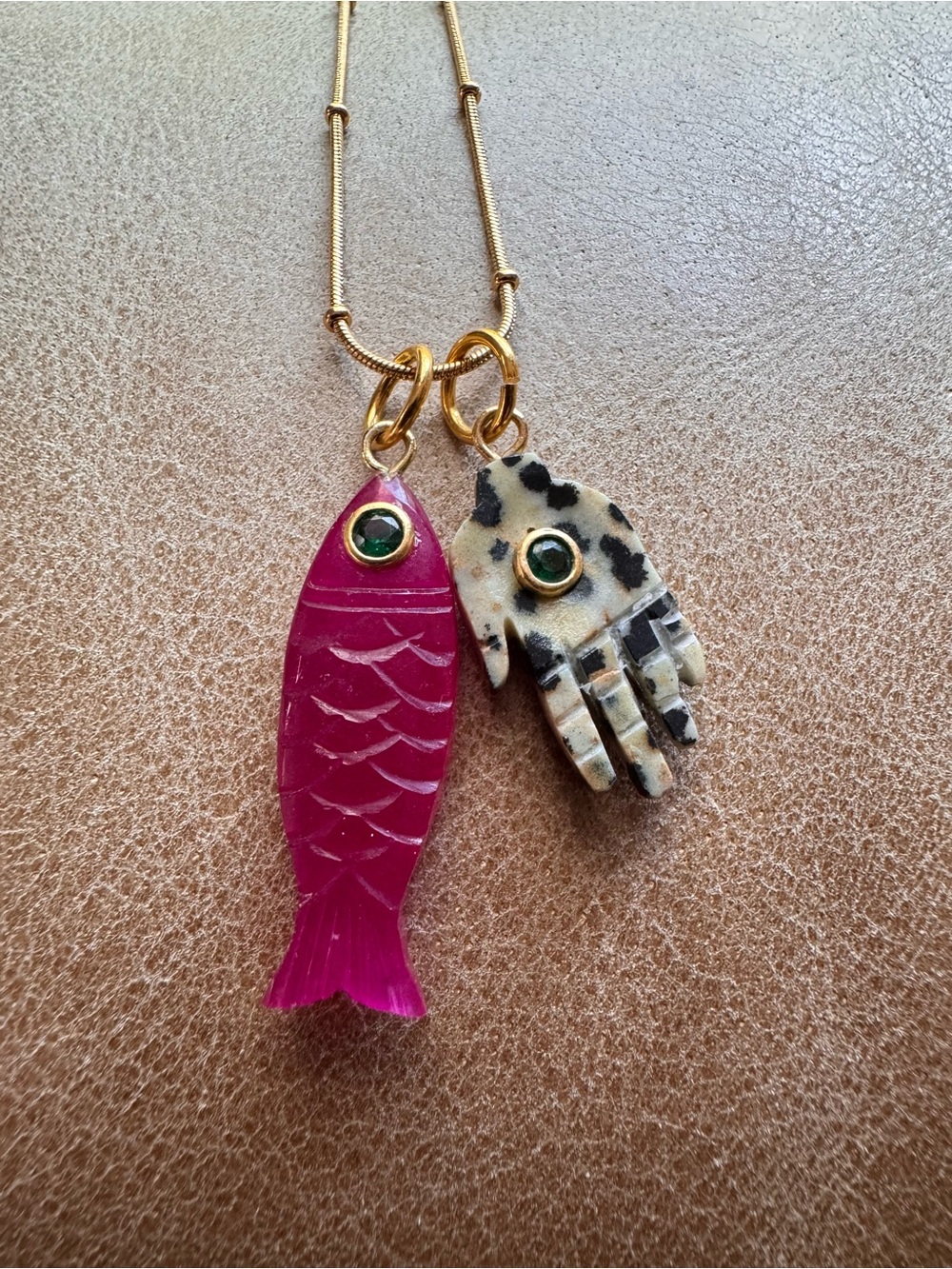 Semiprecious stone Fish and hand Pendant Necklace satellite ball chain CZ green